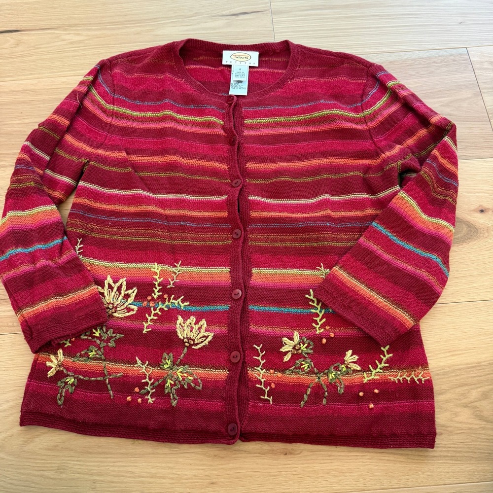 Talbots Cardigan Sweater Women S Petites Red Multi Striped Floral Embroidered